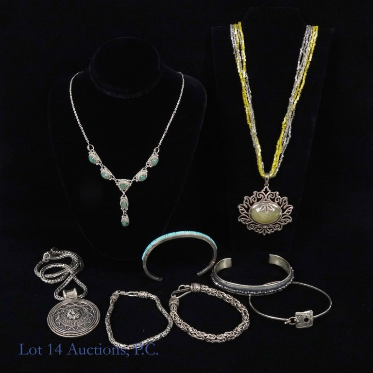 Sterling Silver Bracelets (5) & Necklaces (3): 5 designer sterling silver bracelets: Chan Luu, BG Mudd, Roggio, and two BA from Indonesia. All marked "925", "sterling", or equivalent. Total weight of these five bracelets: 67.3 grams. ***** Three n