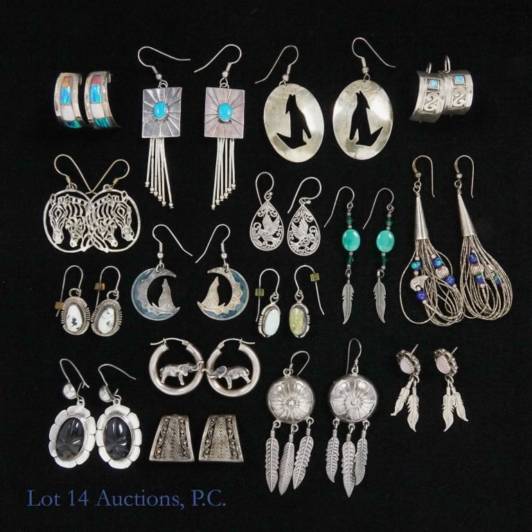 Sterling Silver Earrings (14 +2): 14 pairs of silver earrings - all marked "925", "sterling", or equivalent. Makers marks / designers include: J. Nelson (Navajo), Lois Hill, Wilson Dadilla, E.C, AAJ, RL, and more. Total weight of thes