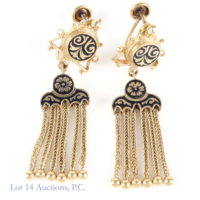 14k Y Gold Earrings: Yellow gold screw-back earrings. Marked "14k" and electronically tested at 14 karat gold. Total weight: 8.6 grams.