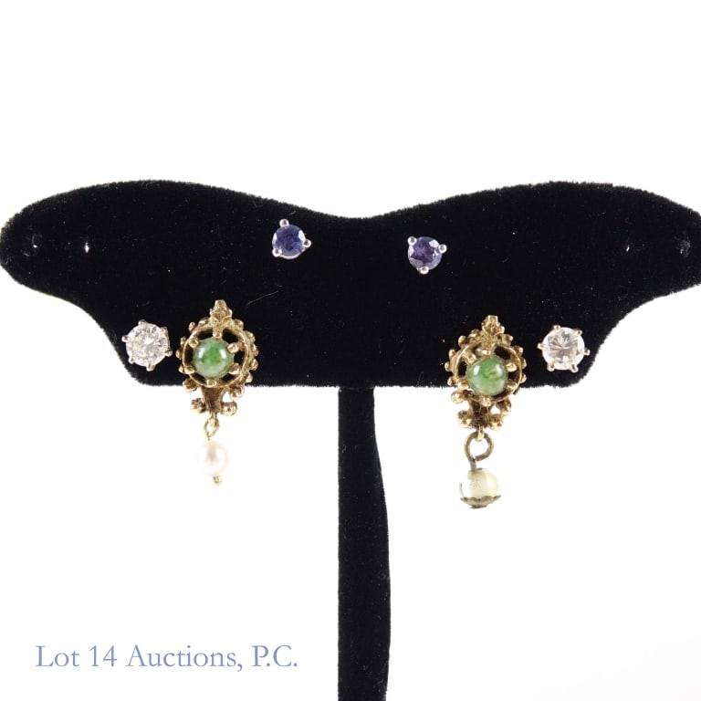 14k Gold Earrings (3 Pair): 3 pairs of earrings: Diamond stud earrings. Not marked, but tests electronically as 14 karat gold. Stones test electronically as diamond. Backs are missing. Total weight: 0.7 grams. **** Blue sapphire