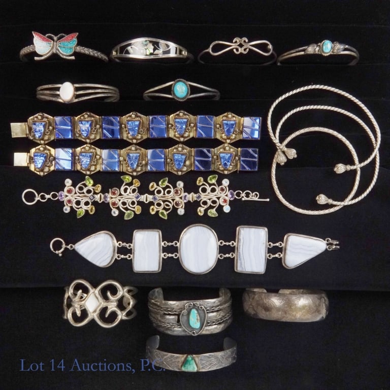 Bracelets (18) - Sterling Silver (?): Collection of 18 bracelets. None of these bracelets are marked as sterling, though per consigner they are sterling silver. Total weight of these bracelets: 443.6 grams. Some wear.