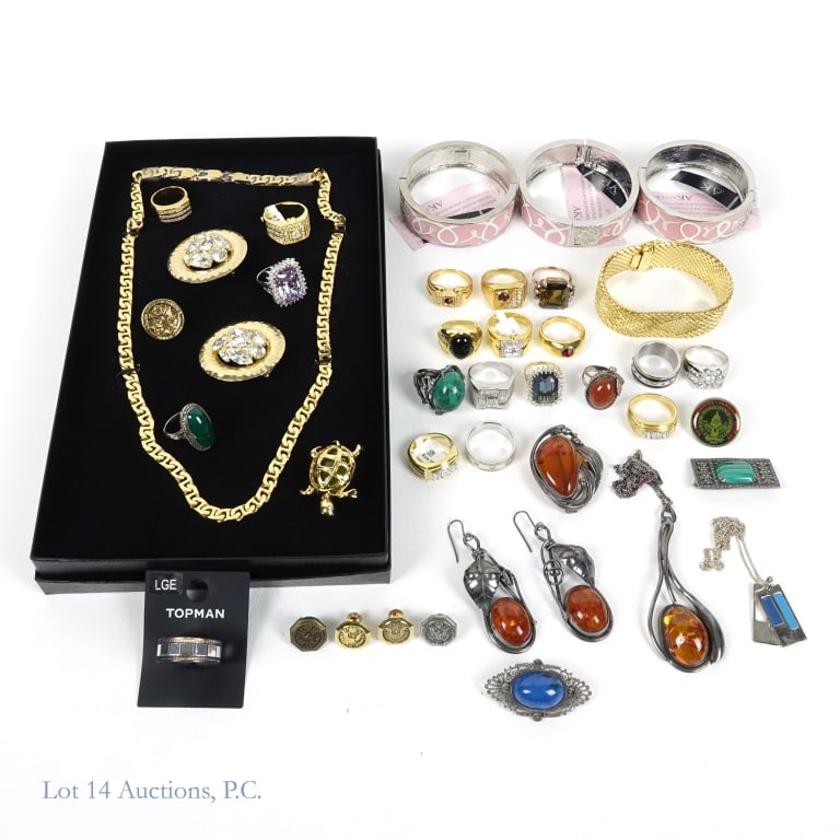 Costume / Fashion & Sterling Silver Jewelry: Sterling silver jewelry includes a 4-piece sterling and amber set (necklace / pendant, earrings, and pin - all marked 925). ** Ring and pin with large green (malachite ??) stone. Both marked 925. ** S