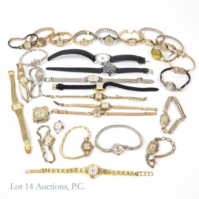 Women's Wrist Watches (29): 29 women's wrist watches - untested and not serviced and likely for parts. Some cases engraved. Manufacturers include: Omega, Lings, Girard Perregaux, Henri Gereaux, Gruen, Le Monde, Bulova, Elgin, Be