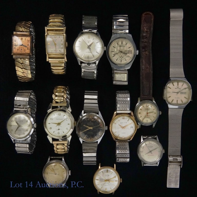 Men's Wrist Watches (13): 13 men's wrist watches. Untested and not serviced - as is and probably for parts. Manufacturers include: Jaeger-LeCoulter, Kalos, Elgin, Waltham, Clinton, Caravelle, Montclair, Navarro, Helios, Hilton