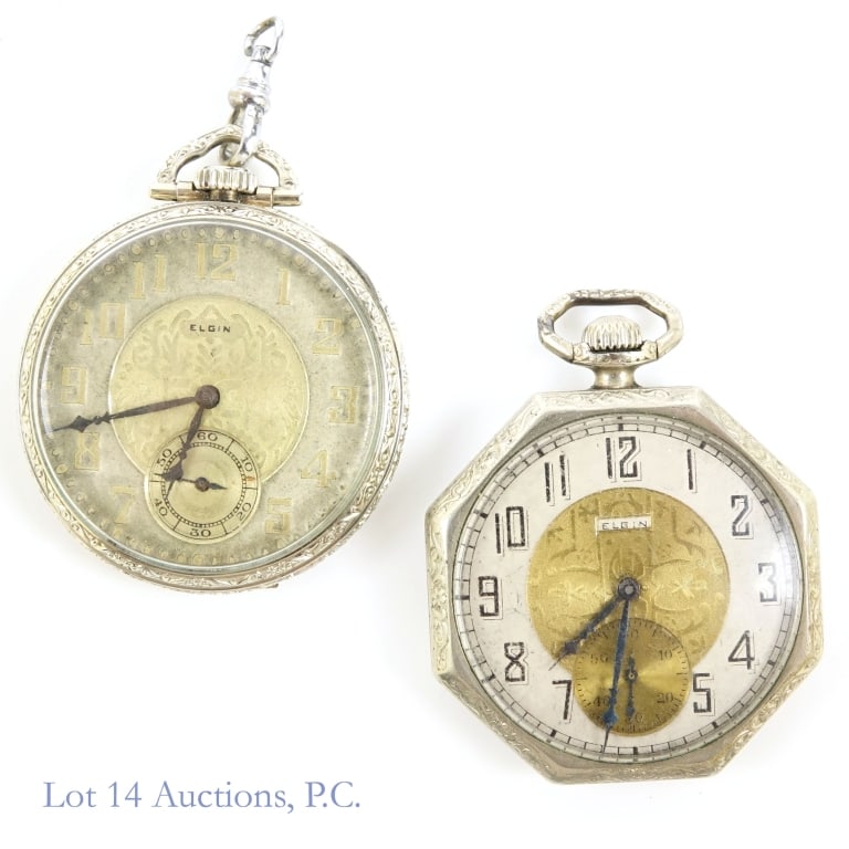 1924 & 1925 Elgin Pocket Watches: Both watches untested. 1924 Elgin octagonal pocket watch. Case stamped: "Famous Guaranteed 14 karat gold filled". Case does not appear to sit flush on watch. Movement No: 26382417. Grade 303, Model 3,