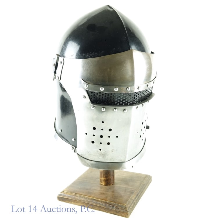 Homemade Knight's Helmet: Homemade medieval-style metal knight's helmet. Approximately 13" tall. Weight: 5.3 pounds (2.4 kg). Interior has adjustable chin strap and adjustable lacing and thin padding to adjust to head. Include
