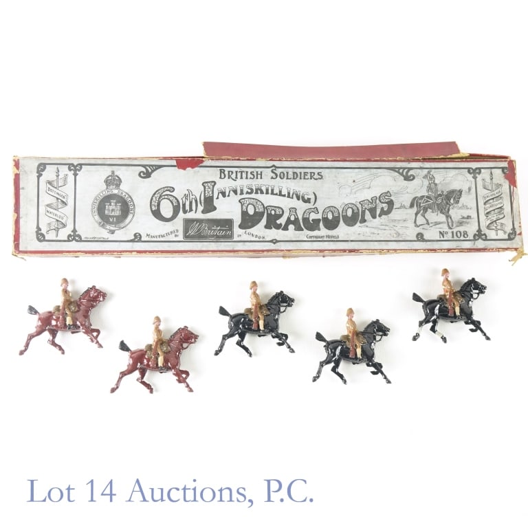 Britains 6th Inniskilling Dragoons #108 (5): Britains 6th Inniskilling Dragoons #108 Lead Soldiers. Full set of 5 lead soldiers. Box has damage and soldiers have some paint loss. Please see photos for details and condition.
