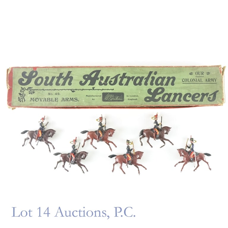 Britains Mounted Riflemen, S. A. Lancers Box (6): Six mounted riflemen soldiers on horseback, with moveable arms, in original Britains box, but with (incorrect) South Australian Lancers box. Box has damage and soldiers have some paint loss - please s
