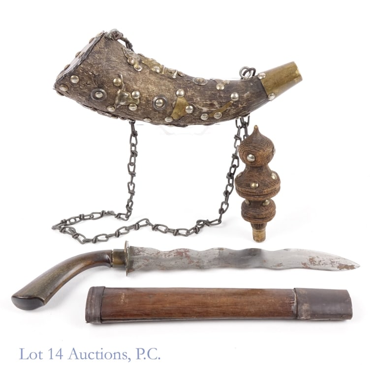 Gunpowder Horn and Elaborate Knife: Gunpowder Horn and Elaborate Knife. Carved and adorned wooden gunpowder horn (L. 13"). Knife/Dagger with wavy blade, brass hilt, wooden handle and wooden sheath (L. 13.5") in a similar style of the 19