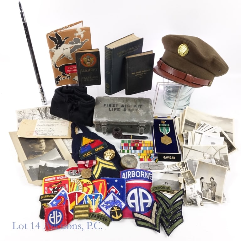 WWI to Present Militaria: Collection of militaria dating back to World War I. U.S. Army enlisted visor cap (WWII) *** Korean war era U.S. Marine Corps officer's swagger stick (some wear). Engraved with initials "P.K.G." and em