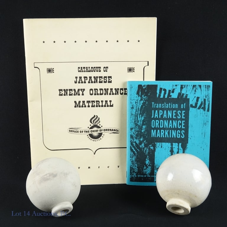 Ceramic Hand Grenades (Japan) & Literature: Two original Japanese ceramic hand grenades. Each approximately 3-7/8" tall. ***** Catalogue of Japanese Enemy Ordinance Material from the Office of the Chief of Ordinance ***** Translation of Japanes
