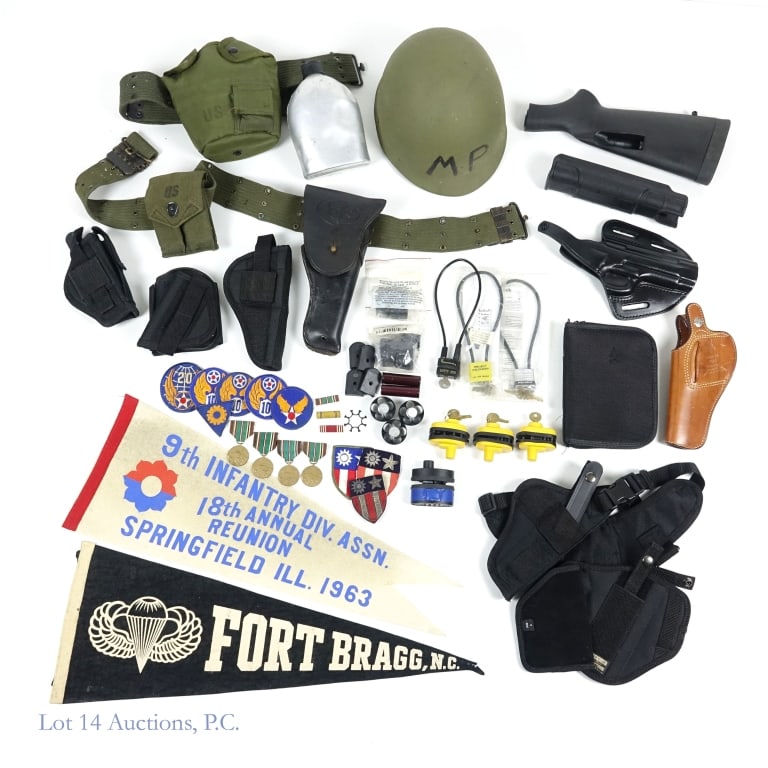 US Military & Gun Accessory Collection: Heavily used helmet shell *** webbed belt with Cathey Enterprises US holster and webbed belt with canteen holder and canteen *** Collection of patches and WWII medals Vintage Fort Bragg, N.C. black fe