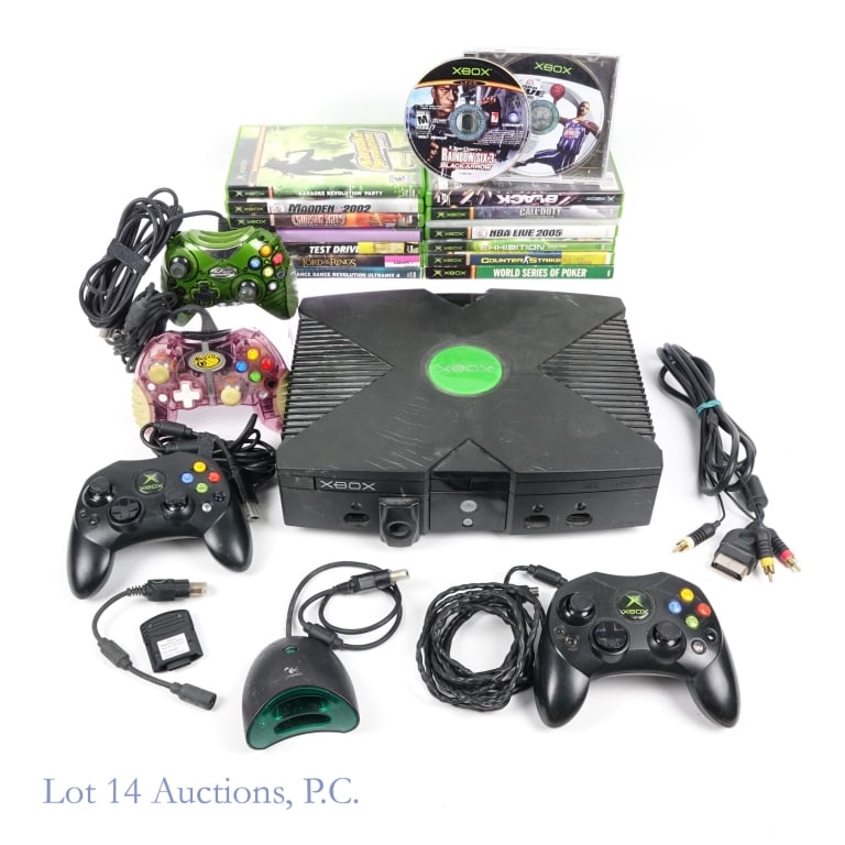 Microsoft Xbox Game Console (12 Games): Microsoft Xbox Game Video Game Console (12 Games & 4 Controllers). System untested in house. Games include: Call Of Duty: Finest Hour, Black, Dance Dance Revolution Ultramix 4, The Lord Of The Rings: 