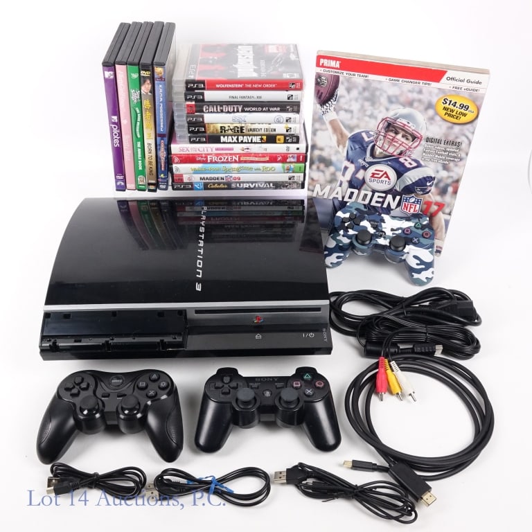 Sony Playstation 3 (3 Controllers & 8 Games): Sony Playstation 3 Game Console (3 Controllers, Cables & 8 Games). Games include: Final Fantasy XIII, Call Of Duty: World At War, SSX, Rage: Anarchy Edition, Max Payne 3, Wolfenstein: The New Order, C