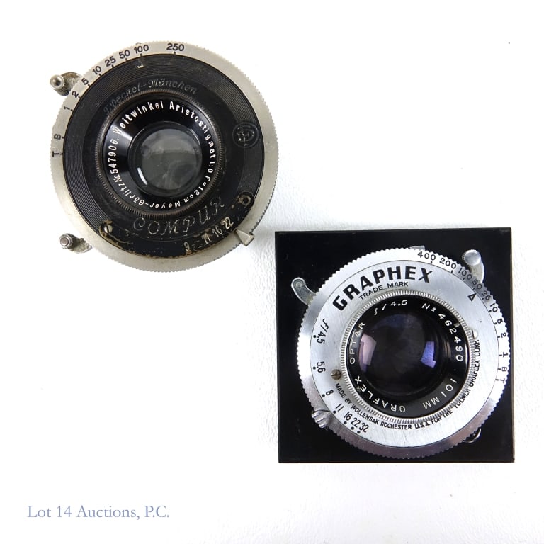 Graflex Optar, Decker-Munchen Compur Lenses (2): Graflex Optar, Decker-Munchen Compur Lenses (2). Graphex Graflex Optar, f/4.5, #462490 101 mm lens. F. Decker-Munchen Compur, Weitwinkel Aristostigmat, 1:9, F=12cm, #2510083 lens, Made in Germany. Ite