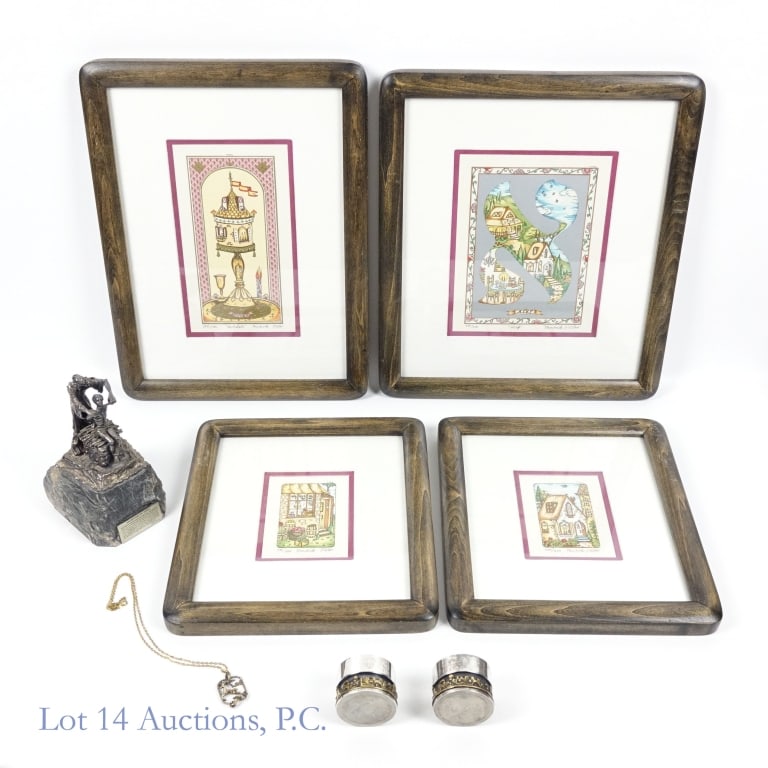 Yaacov Heller, Michoel Muchnik, Bier Judaica: Judaica candle holders - With brass relief image of Jerusalem, attributed to Israeli artist, Bier. Approximately 1.3" tall, 2" diameter. Yaacov Heller (B 1941, American / Israeli) designed "Sacrifice 