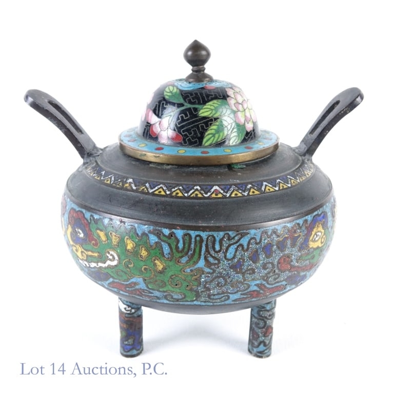 Bronze Cloisonne Censer: Bronze Cloisonne Censer. 7.5"x8"x7". Chipping, denting on lid. Wear and tear on base from usage. Please see photos for more detail.