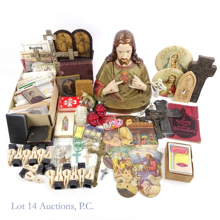 Sacred Heart Chalkware Bust, Religious Items: Sacred Heart Chalkware Bust, Religious Items. Large collection of Christian items, most appear to be Catholic. Items include: 1950's OPSCI Sacred Heart Chalkware bust with compartment in rear containi