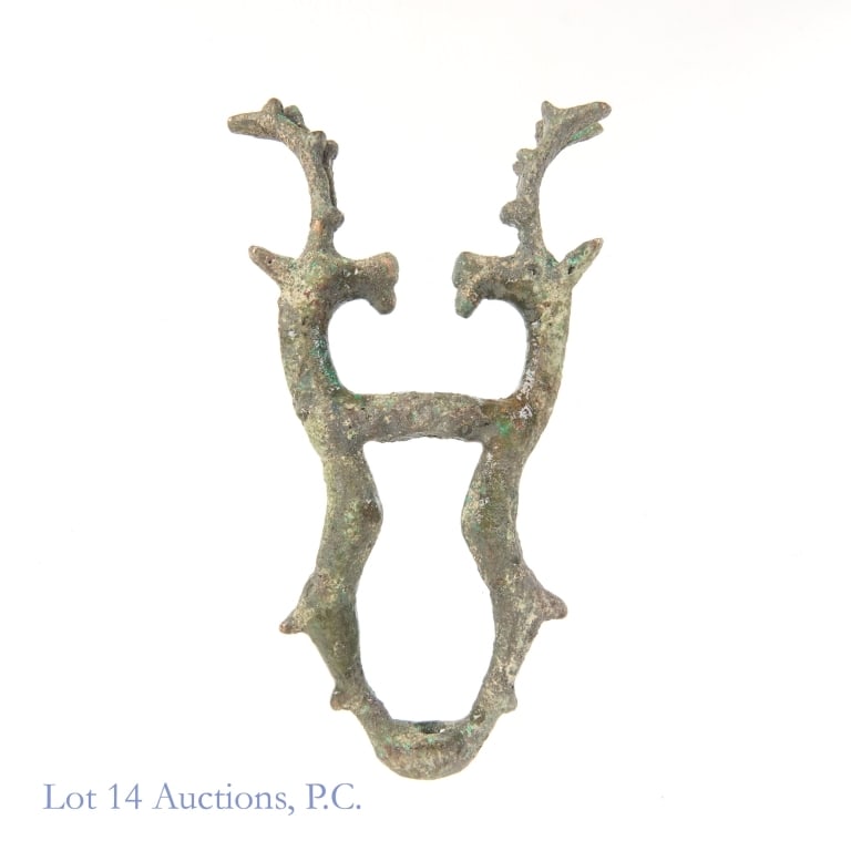 Luristan Bronze Ibex Finial with Rings: Luristan Bronze Ibex Finial with Rings. What is believed to be a 4" x 2" Luristan bronze Ibex finial with rings circa 8th - 10th century B.C.E.. Item has some museum glue that can easily be removed. S