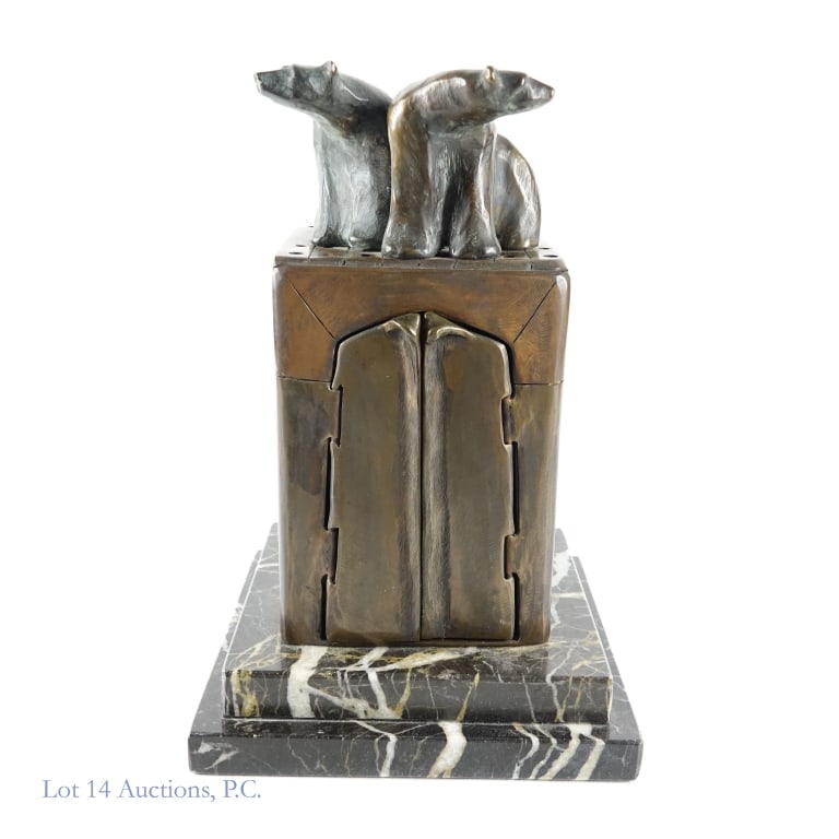 Jack McLean (1953-2017) Bronze Sculpture, Signed: Jack McLean (1953-2017) Bronze Sculpture, Signed. 10" x 5" x 5" interactive bronze sculpture of two (2) bears atop what appears to be a room of curing meat. Sculpture is signed "McLean c. 1991" near t