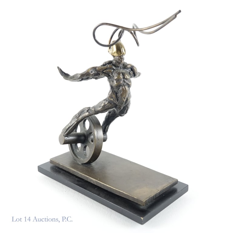 Theodore Gall (1941-2017) Unicyclist, Signed: Theodore Gall (1941-2017) Unicyclist, Signed. 8.5" x 8" x 4" bronze sculpture by Theodore Gall (American 1941-2017) with 8" x 4" x 0.5" wooden platform. Signed "T. Gall 92" on the base of the sculptur
