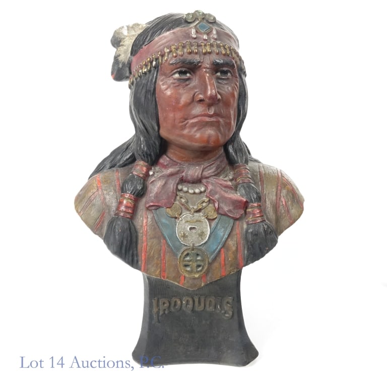 Iroquois "Cigar Store" Chalkware Bust: Iroquois "Cigar Store" chalkware countertop promotional advertising sculpture. Approximately 19" tall. Base approximately 7.5" x 6.5". 12.2 pounds. Some wear and damage. 1.5" x 1" gouge in rear bottom