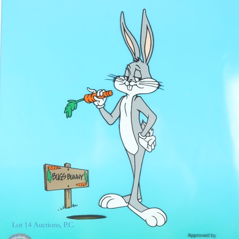 Bugs Bunny Sericel Art: Lot includes a 1999 sericel showing Bugs Bunny eating a carrot. The piece is approved by Chuck Jones. It is also authenticated by Linda Jones Ent. Inc. and the number is 24476. The frame is approximat