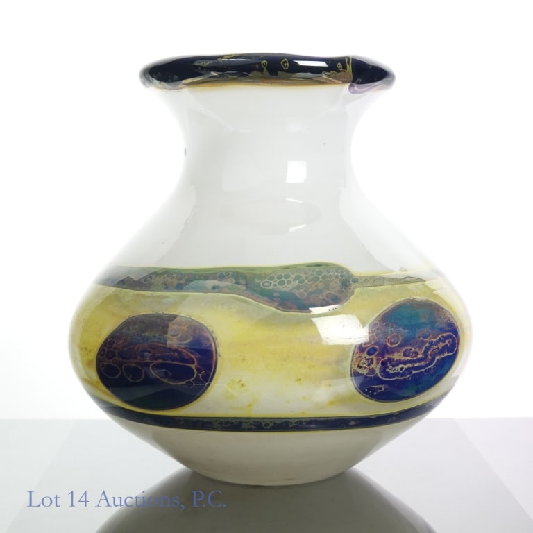 Samuel J. Herman for Val St. Lambert Glass Vase: Samuel J. Herman for Val St. Lambert Glass Vase. Signed "Val St. Lambert" and "SJH" on bottom. 7" high, 4.5" top diameter, 7" max. diameter. 7+ pounds. No known damage, chips, scratches, or repairs.