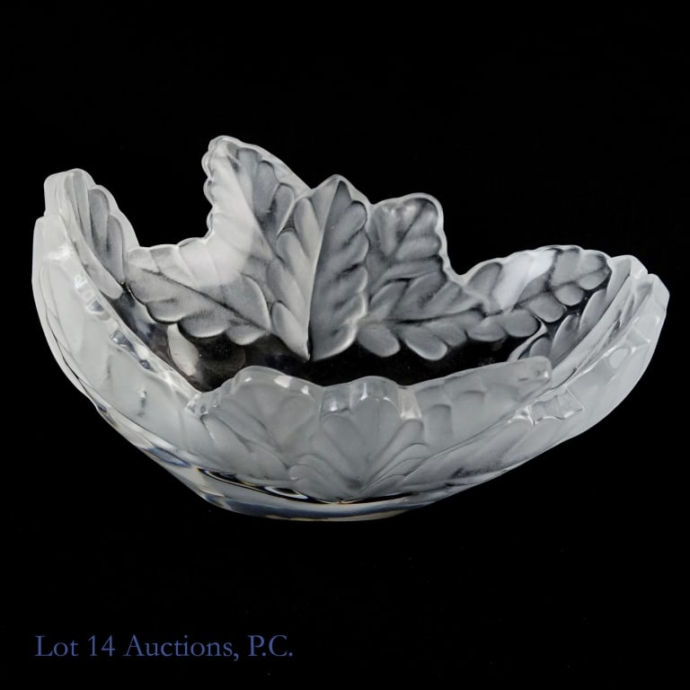 Lalique Compiegne Leaf Pattern 9" Jardiniere Bowl: Lalique Signed Compiegne Leaf Pattern Jardiniere Bowl, France. Frosted and clear oak leaf pattern. Approximately 9" x 7" x 4". No chips, damage, repairs or significant scratches.