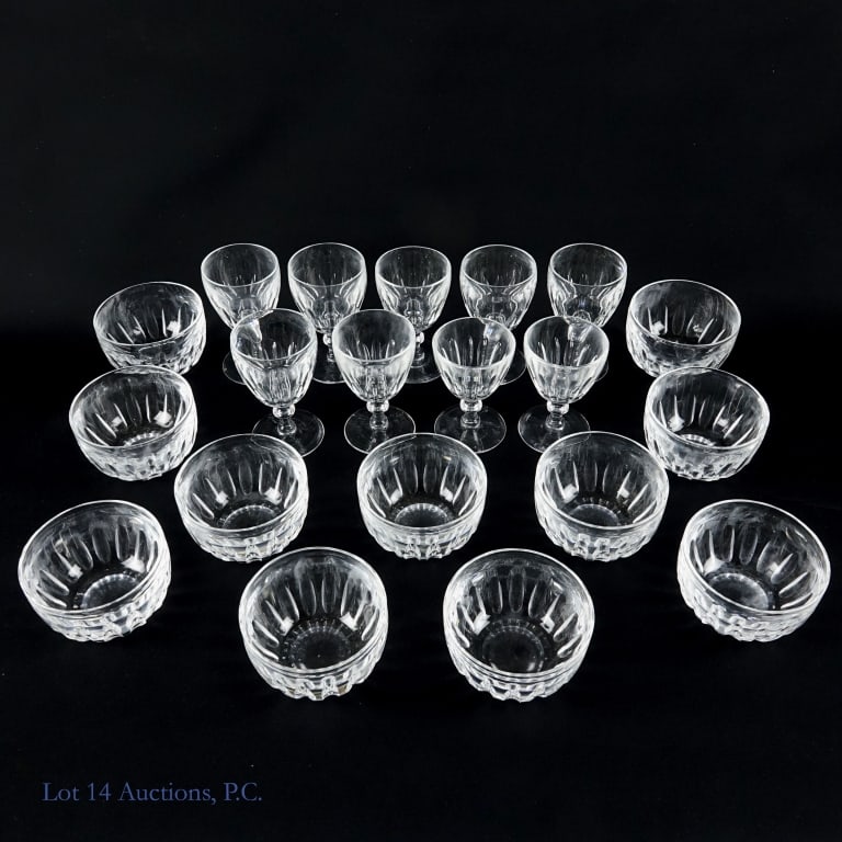 Steuben Cut Glass Flutes & Bowls, Signed (20): Steuben Cut Glass Flutes & Bowls, Signed (20). LOCAL PICKUP OR THIRD PARTY SHIPPING ONLY. Lot of signed cut glass flutes and bowls from Steuben Glass. (9) Nine flutes ranging from 4" - 4.5" in 14" x 1