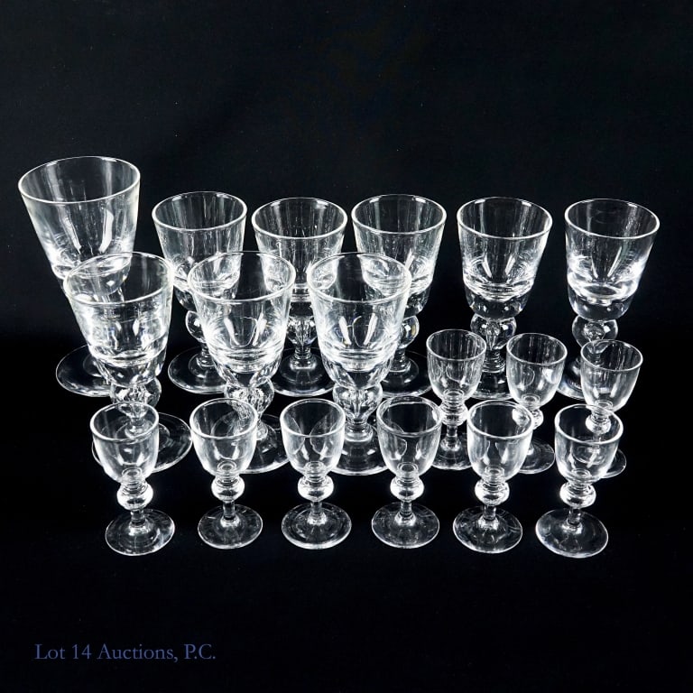 Steuben Cordial & Wine Glasses, Signed (18): Steuben Cordial & Wine Glasses, Signed (18). LOCAL DELIVERY OR THIRD PARTY SHIPPING ONLY. (18) Eighteen signed glasses from Steuben Glass with protective bags and original boxes. (9) Nine 3.75" Cordia