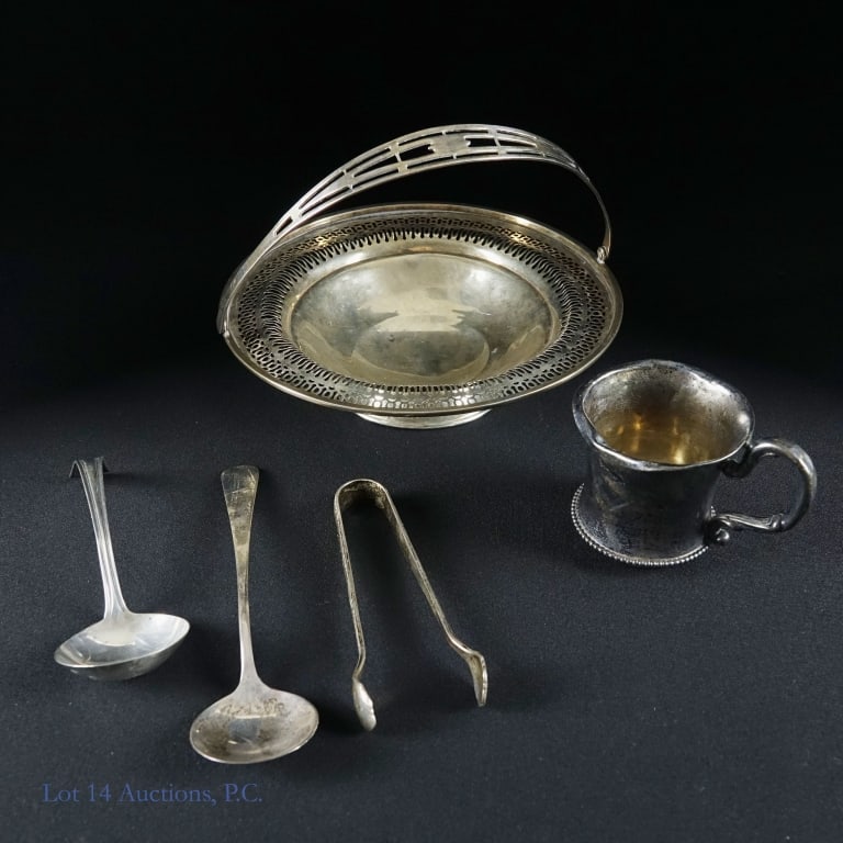Sterling Silver Serving Pieces (5.4ozt): Sterling silver basket. WH & Co makers mark, stamped "sterling". 6" diameter. Weight: 76.5 grams. Some dents and wear. ***** Small sterling silver drinking mug. Webster Company (Attleboro, MA). Stampe