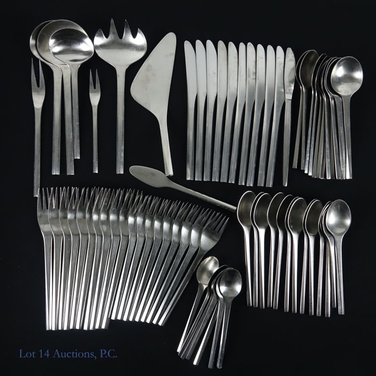 Georg Jensen Flatware Collection (69 pc): 69 piece flatware collection - all pieces stamped "Georg Jensen Stainless Denmark". Set breaks down as follows: tea spoons (8 - some show damage) ** dessert spoons (12) ** table / soup spoons (12) ** 