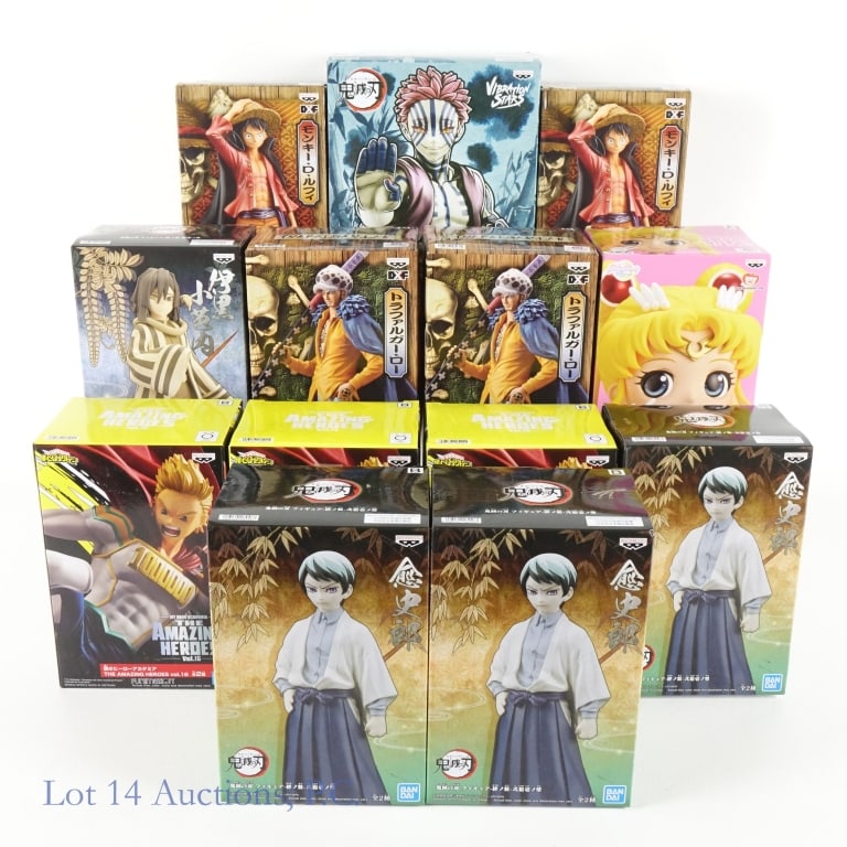 Japanese Anime Figures, NIB (14): Japanese Anime Figures, NIB (14). All items are New In Box. Ban Dai: (2) Trafalgar Law; (2) Monkey D Luffy; (3) Mirio Togata; (3) Yushiro; (1) Kizuna Sou; (1) Vibration Stars - Kyojuro & Akaza; (1) Su