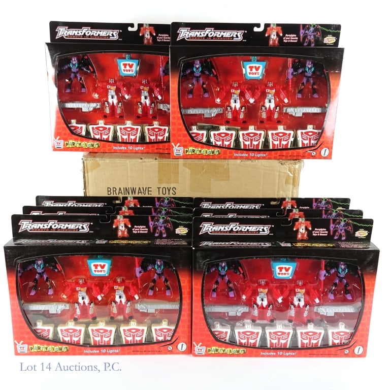 Transformers TV Toys Partylights, NIB (8): Transformers TV Toys Partylights, NIB (8). A partial case of with (8) eight New In Box Transformers, Robots in Disguise, party lights licensed by Hasbro. Case shows wear and tear, boxes show shelf wea
