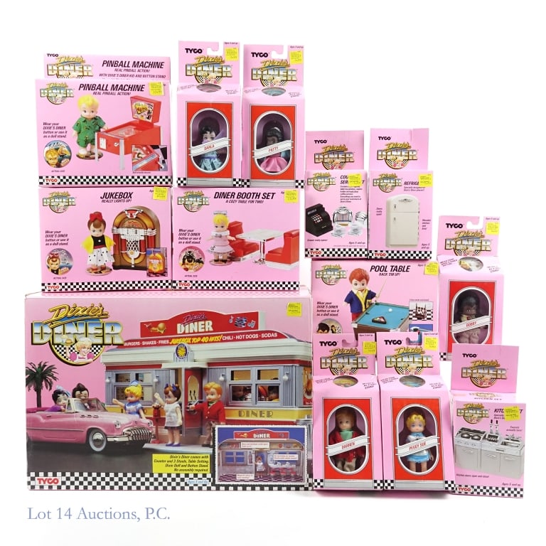 Dixie's Diner Playset & Accessories (13): 13 Tyco Dixie's Diner Playset & Accessories. All in original box. Includes: Dixie's Diner Restaurant Playset (#1700), Patty (#1710), Darla (#1710), Bobby (#1710), Peggy Sue (#1710), Darren (#1710), Re