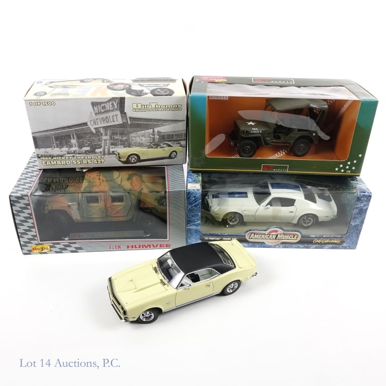 Die Cast Models (4): 4 Die Cast Models. 1:18 scale. All in original box. Includes: Etrl Collectibles American Muscle '70 Pontac Trans Am, Lane Collectibles 1968 Nickey Chevrolet Camaro SS/RS 427, Maisto Humvee, and UT Mod