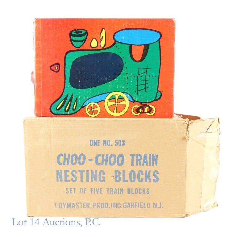 Toymaster Choo-Choo Train, Original Packaging: Toymaster Choo-Choo Train, Original Packaging. Cardboard toy train nesting blocks circa 1960's. Box states "#503 Choo-Choo Train Nesting Blocks, Set of Five Train Blocks, Toymaster Prod. Inc. Garfield