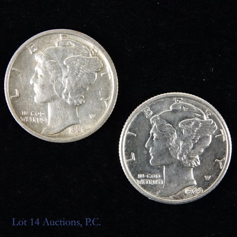 1929 & 1936-D Silver Mercury Dimes (CH BU) (2): Two (2) silver mercury dimes (Philadelphia, Denver Mints). Designer is Adolph A. Weinman. Metal is 90% silver, weighs 2.50 grams and measures 17.9 mm each coin. Details with consigner descriptions as 