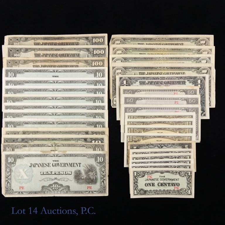 Japanese Occupation Currencies (32): Thirty two (32) Japanese issued World War 2 occupation pesos / centavos fiat currencies, derogatorily called "Mickey Mouse money" as follows: ---1 centavo (5); ---5 centavos (1); ---10 centavos (4); -