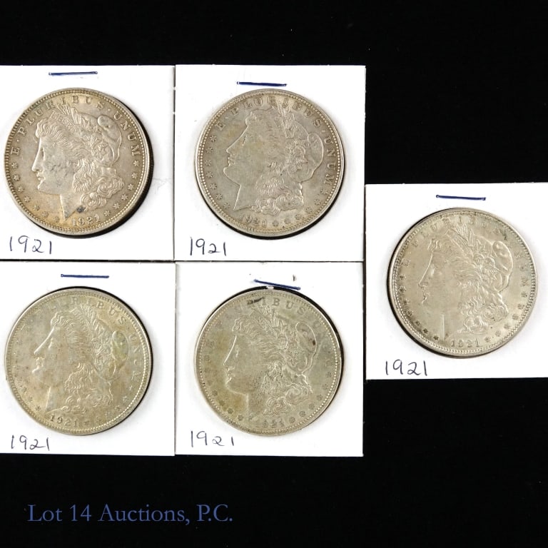 1921 Silver Morgan Dollars (5): Five (5) silver Morgan dollars (Philadelphia Mint). Designer is George T. Morgan. Metal is 90% silver, weighs 26.73 grams and measures 38.1 mm each coin. Mintage is 44,690,000. Silver content confirme