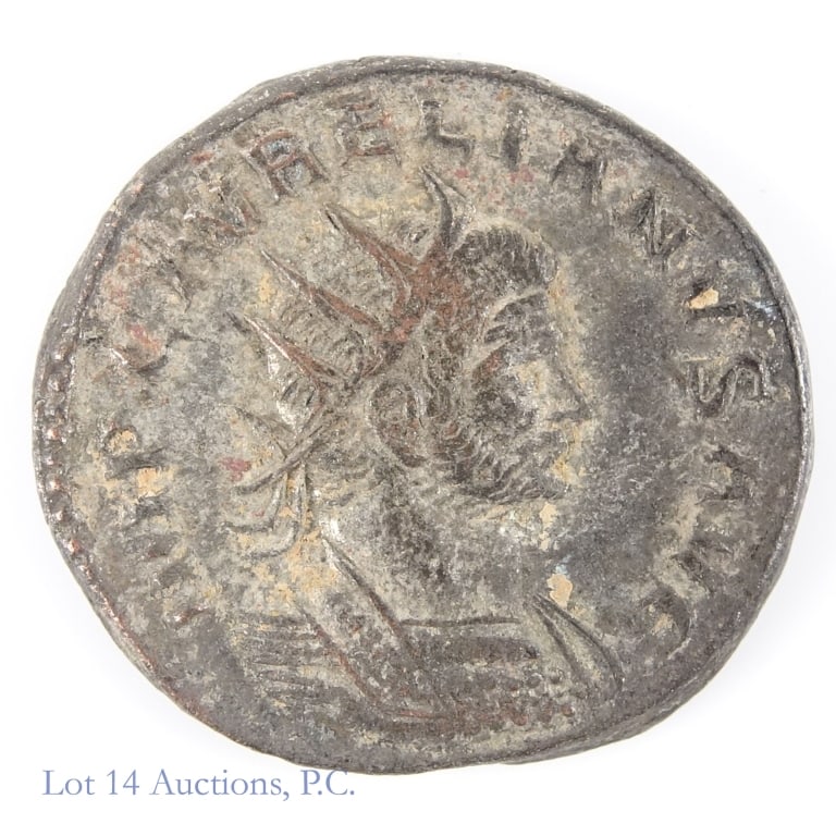 270-275 AD Roman Emperor Aurelian Coin (XF+): 270-275 AD Ancient Roman Emperor Aurelian antoninianus coin. Reverse Orbis, emperor standing left, holding spear, receiving wreath from women. Per consigner, grades XF+ with great patina. *** Lot 14 A
