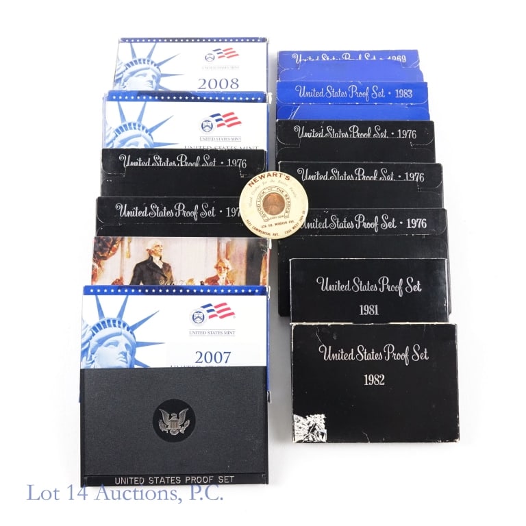 1969 - 2008 U.S. Mint Proof Sets (13): Thirteen (13) various United States Mint proof sets as follows: ---1969-s 5-coin proof set with 40%-silver Kennedy 50c (m 2,934,631); ---1976-s 6-coin proof set (m 4,149,730) (5); ---1978-s 6-coin pro