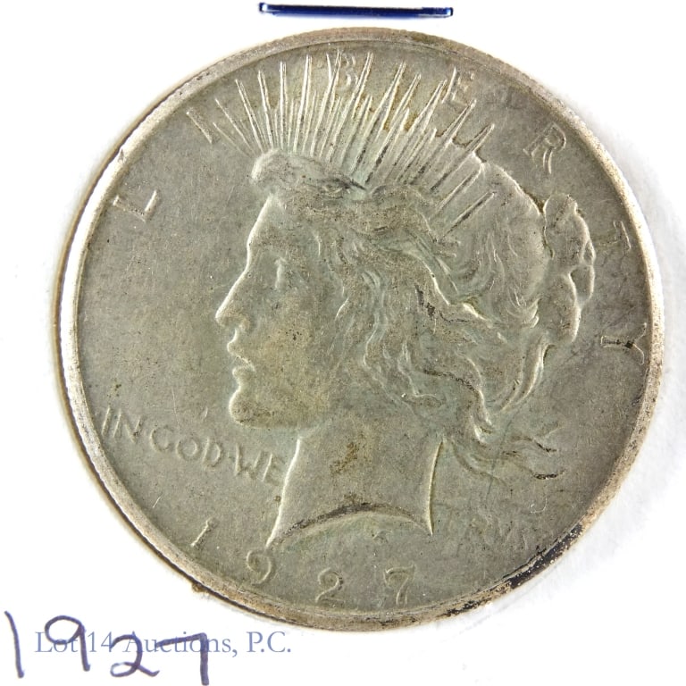 1927 (P) Silver Peace Dollar - Key Date! (AU+): 1927 silver peace dollar (Philadelphia Mint). A key date with 2nd lowest mintage in series. Designer is Anthony de Francisci. Per consigner, grades AU+ with some toning on obverse and excellent detail