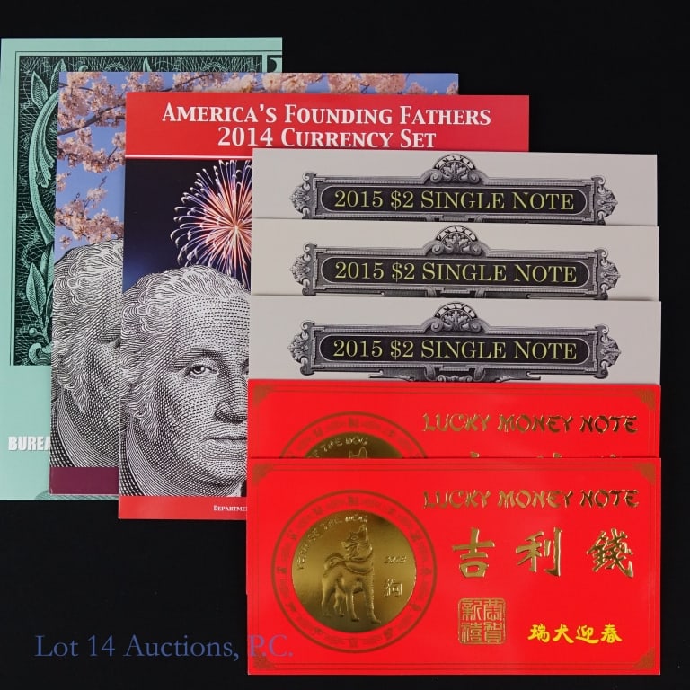 U.S. Treasury Currency Sets in OGP (8): Eight (8) special United States Treasury Bureau of Engraving and Printing crisp uncirculated currency sets in OGP as follows: ---2009 uncut sheet of four $1 Federal Reserve notes (1 set); ---2014 Amer