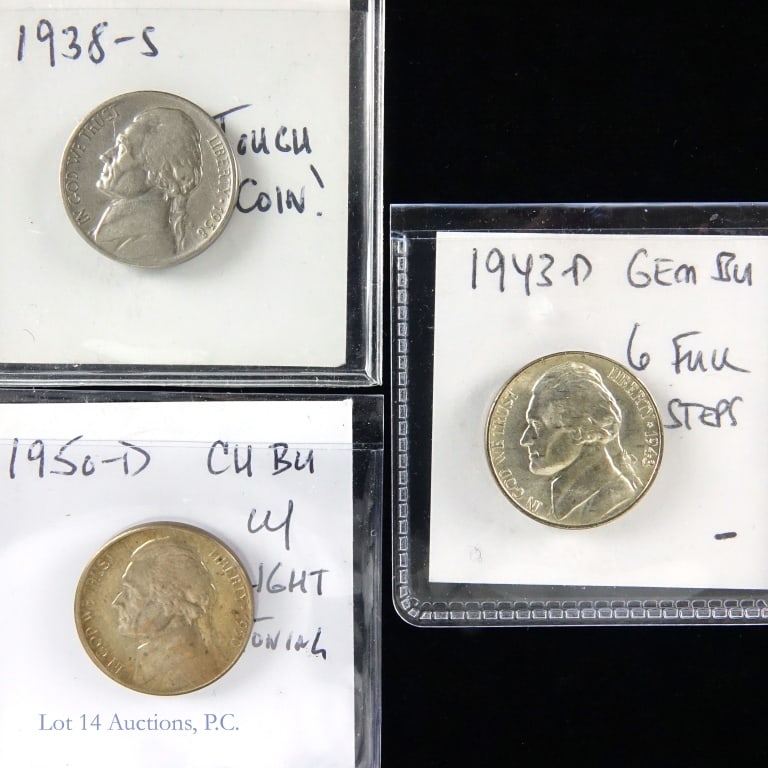 1938-S, 1943-D & 1950-D Jefferson Nickels (3): Three (3) United States Jefferson nickels (Denver, San Francisco Mints). Designed by Felix Schlage. Details with consigner comments as follows: ---1938-S first ear of issue, low mintage, hard to find 