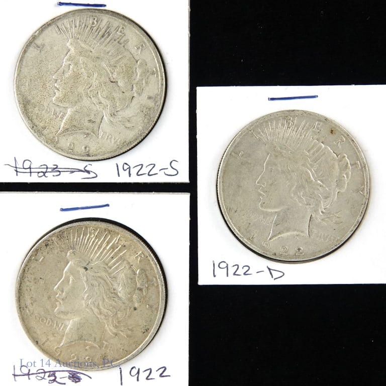 1922 P, D, S Silver Peace Dollars (3): Three (3) silver peace dollars (Philadelphia, Denver, San Francisco Mints). Designer is Anthony de Francisci. Metal is 90% silver, weighs 26.73 grams and measures 38.1 mm each coin. Dates and mintages