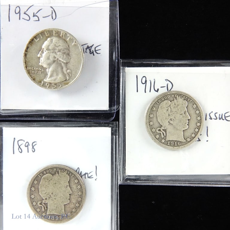 Silver U.S. Barber & Washington Quarters (3): Three (3) United States silver quarters (Philadelphia, Denver Mints). Metal is 90% silver, weighs 6.25 grams each coin. Dates, mints, mintages, PCGS survival estimates (SE) and consigner comments as f
