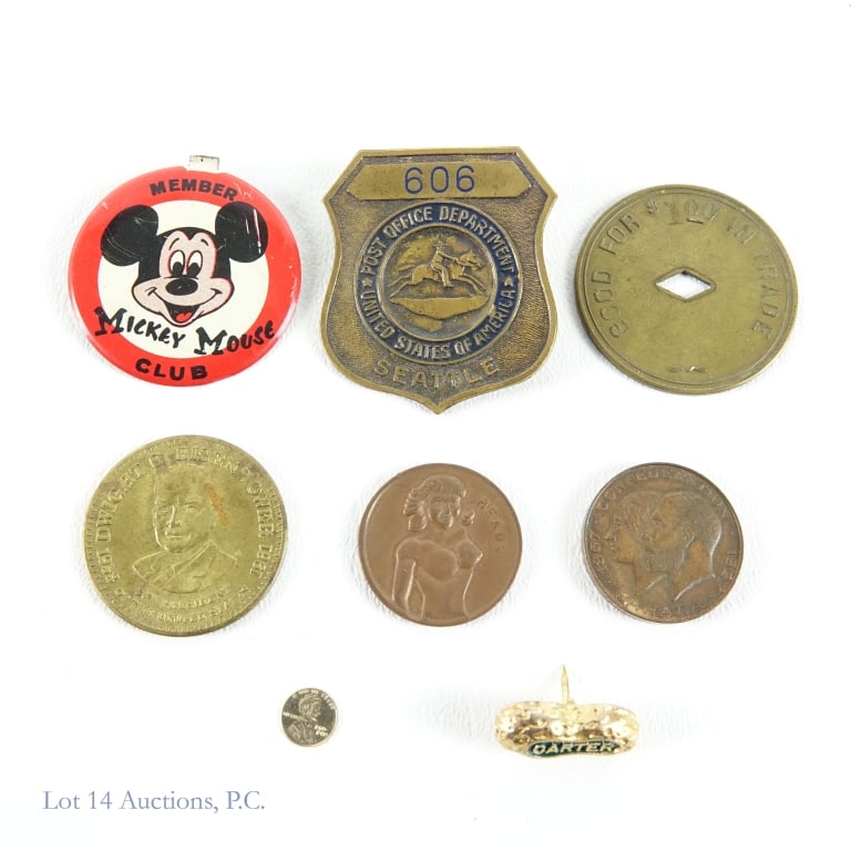 Political and Vintage Tokens & Medals (8): Eight (8) various tokens and medals as follows: ---1867-1927 bronze Canada confederation 60th anniversary commemoration medal (Royal Canadian Mint - Ottawa bust of Queen Victoria and George V given to
