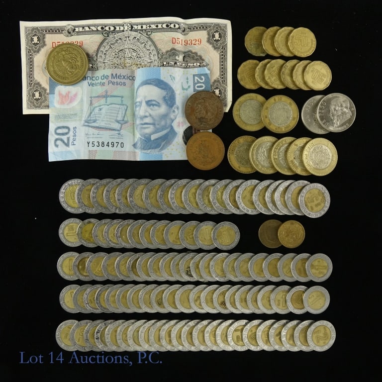 Mexico Currencies & Coins (121 Items): Estimated 121 Mexico coins and currencies, description and estimated item counts as follows: ---uno peso note (1); $20 peso note (1); ---older Mexican coins - e.g. $1000 peso coin (7); ---10 peso coin